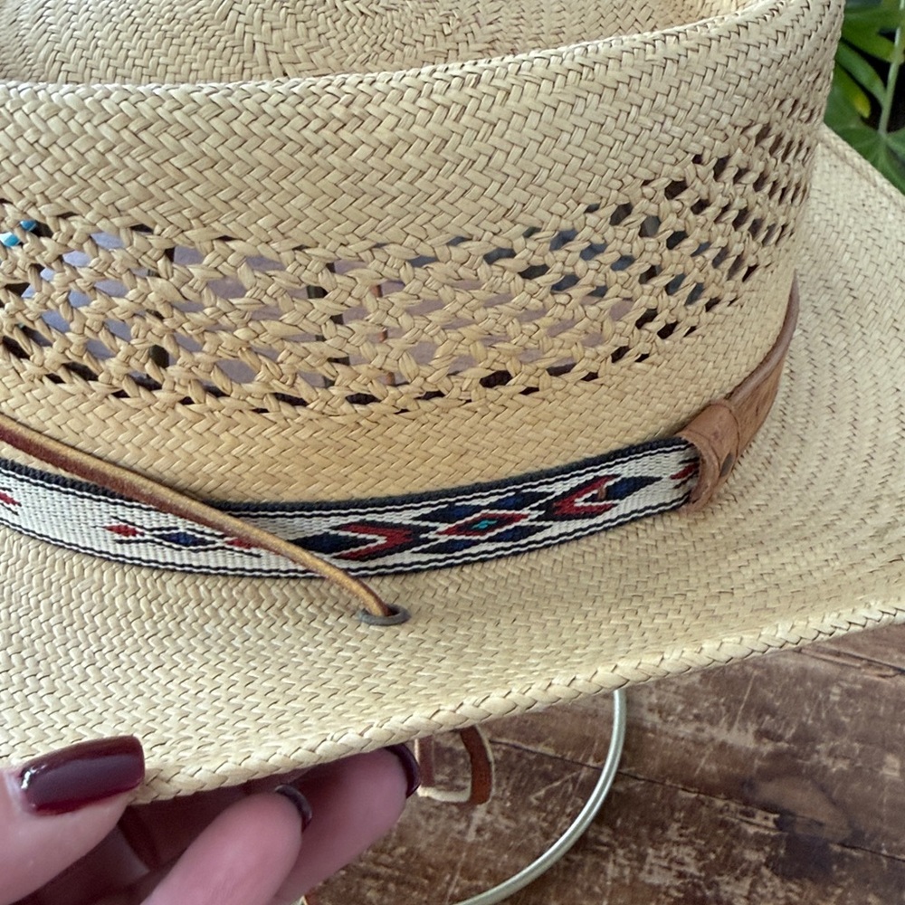 Vintage Carlton Oaks Country Club Straw Cowboy Hat Aztec Leather Band Ties - M/L - Picture 5 of 10